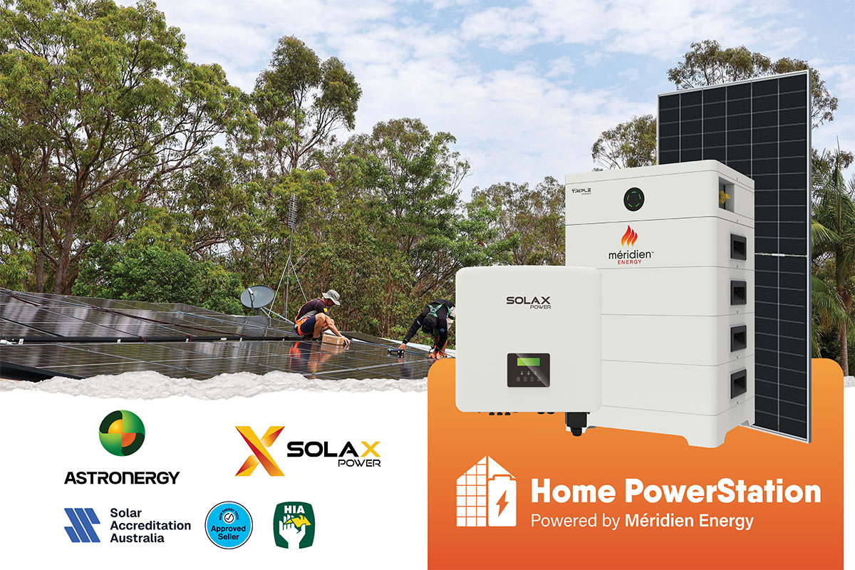 Meridien Energy Home PowerStation product photos. Astronergy logo. SolaX Power logo. Solar Accreditation Australia logo. New Energy Tech Approved Seller logo. HIA logo. Solar installers picture in the background, installing solar panels on a roof in Southeast Queensland. Gum trees in the background.