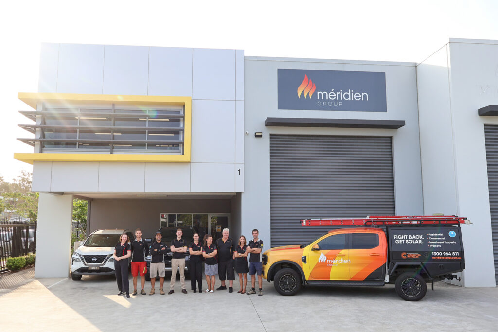 Meridien Energy Staff Team as of 2025. The team are lined up out the front of the Gold Coast warehouse office, at 14 Logistics Place, Queensland 4214